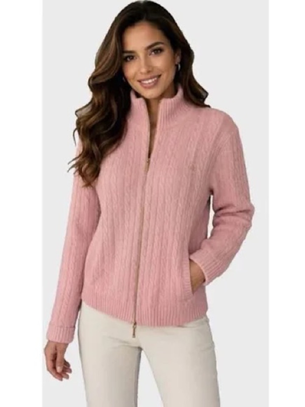 Ralph Lauren Pink Cable Knit Zip Sweater Size XL 100% Cotton